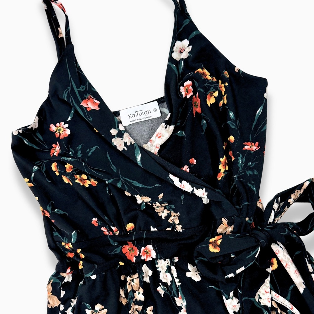 Kaileigh Rica Knit Crop Floral Jumpsuit Black Wide Leg Small Cottagecore Boho - Picture 2 of 8
